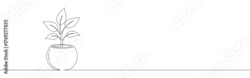 Continuous one-line drawing of a small potted plant with five leaves, symbolizing nature, growth, home decor, and simplicity in a clean, minimalist style.