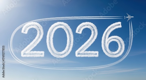2026 text, flying plane with contrails around white cloudy numbers in blue sky. Greeting card, banner for aviation industry, stewardesses and pilots. New Year for travel agency, congrats for travelers