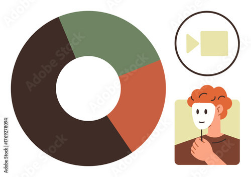 Donut chart with colorful sections, video icon, and person holding a mask. Ideal for data analysis, identity, anonymity, representation, self-expression communication social concepts. Simple flat