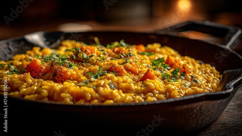 A pumpkin risotto served in cast-iron pan, cozy kitchen lighting