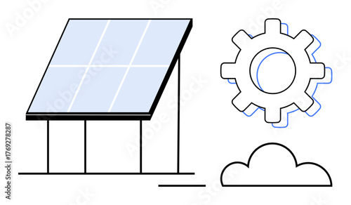 Solar panel, gear, and cloud emphasize clean energy innovation and environmental sustainability. Ideal for technology, renewable resources, energy efficiency, green solutions, smart systems