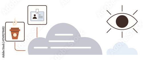 Coffee cup, ID badge connected to a cloud and large watchful eye. Ideal for cloud computing, data security, identity, connectivity, surveillance, modern work remote access. Simple flat metaphor