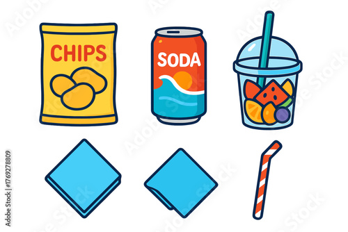 Summer snack and refreshment icons: potato chips, soda can, fruit smoothie cup, straw, and napkins