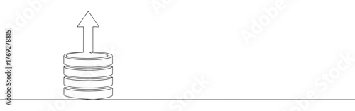 continuous single-line drawing of stacked coins with an upward arrow, symbolizing financial growth and investment on a white background.