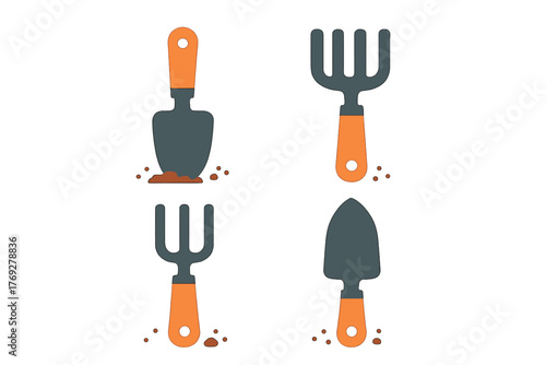Set of essential gardening hand tools including trowels and cultivating forks for planting