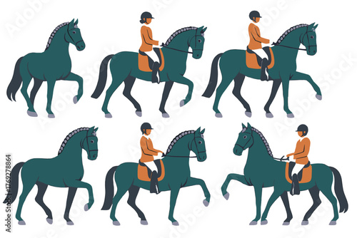 Stylized set of dressage horses and riders performing various gaits
