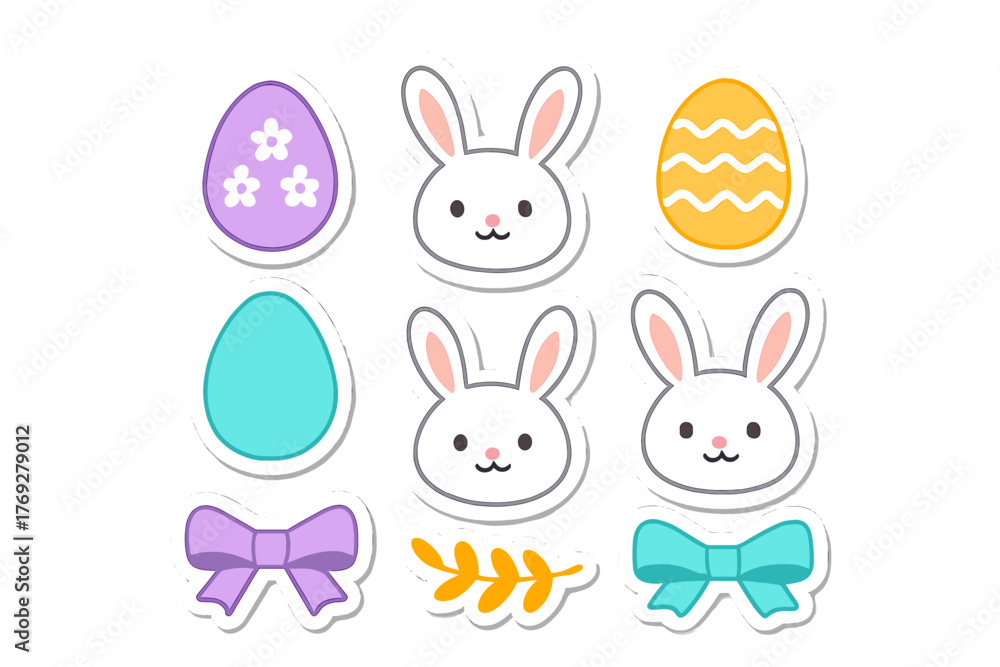 Obraz premium Cute Easter holiday elements set featuring cartoon bunny faces decorated eggs and colorful ribbons