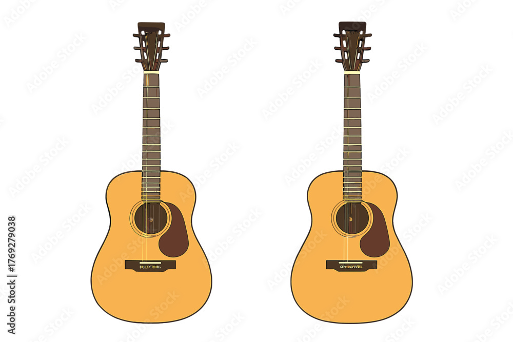 Fototapeta premium Two identical light brown acoustic guitars with dark fretboards and tuning pegs