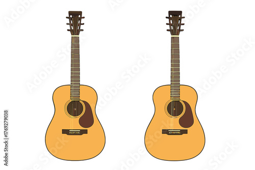 Two identical light brown acoustic guitars with dark fretboards and tuning pegs
