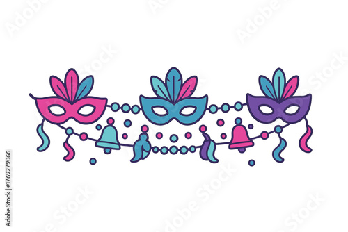 Colorful masquerade masks and festive elements border for Mardi Gras or Carnival celebration