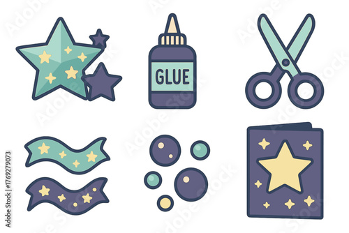 Colorful flat design set of crafting tools, magic elements, and celebration symbols
