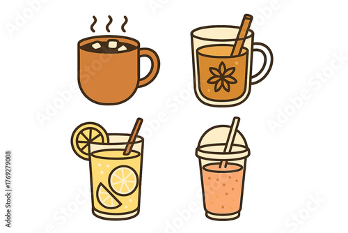 Four different hot and cold beverages including hot chocolate spiced tea lemonade and fruit smoothie