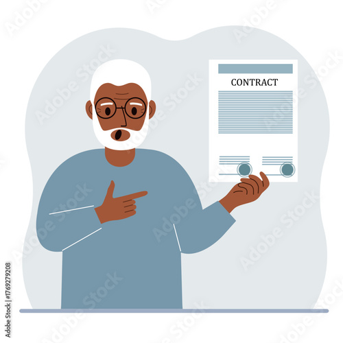 A man holds in his hands a finished sample of a contract with seals.