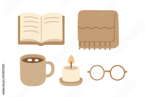 Cozy hygge set with open book, warm throw, steaming beverage, lit candle, and spectacles
