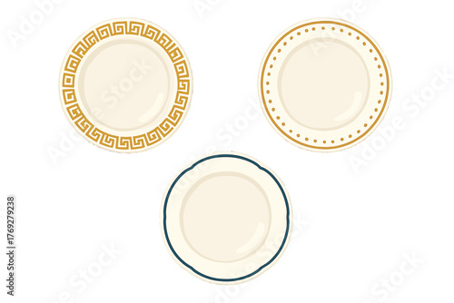 Collection of three ceramic dinner plates with various decorative rims isolated on white background