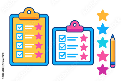 Two clipboards displaying completed checklists and star ratings alongside loose stars and a pencil