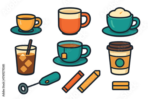 Colorful collection of hot and cold beverages and drinks including coffee, tea, cappuccino, and iced drinks with accessories