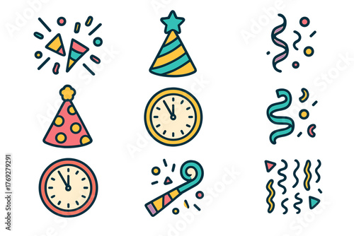 Colorful celebration icons with party hats clocks confetti and streamers