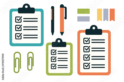 Set of colorful clipboards displaying completed task lists with pens, paper clips, and organizational sticky tabs