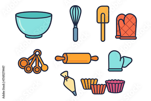 Colorful assortment of kitchen utensils and equipment for baking desserts