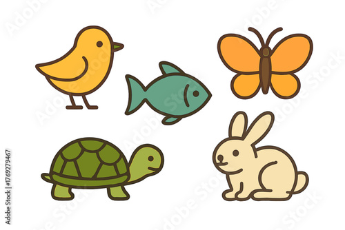 Adorable collection of five simple stylized animal icons including a bird, fish, butterfly, turtle, and bunny