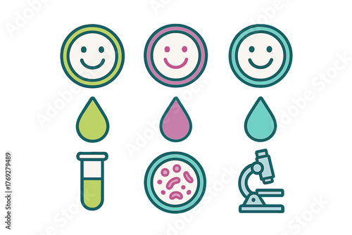 Colorful icons for medical research, laboratory testing, and biological analysis