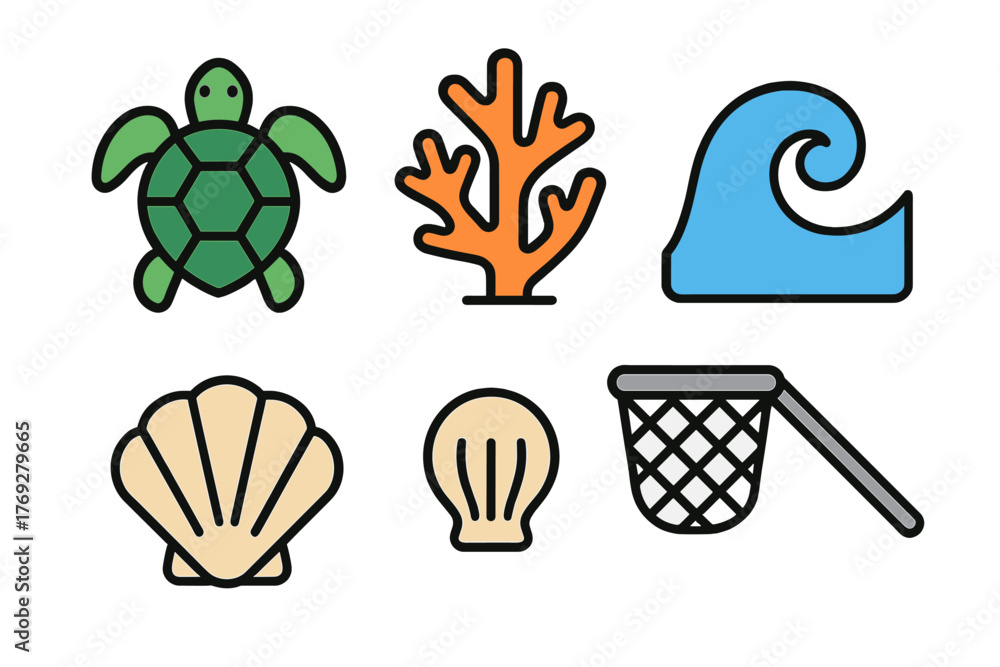 Fototapeta premium Colorful marine life and ocean elements including sea turtle coral wave and seashells