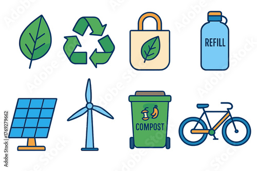 Essential line icons for ecology sustainability and renewable energy sources