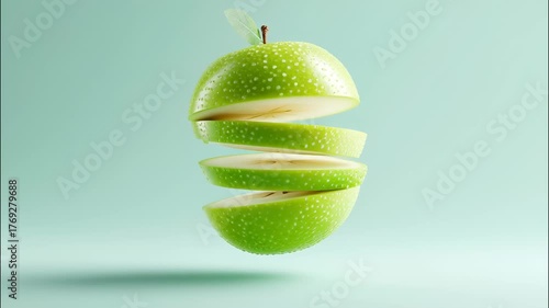 Fresh green apple cut into slices and floating on a turquoise background, creating a visually appealing image with water droplets