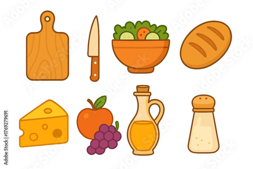 Essential kitchen tools and fresh food ingredients collection for healthy cooking