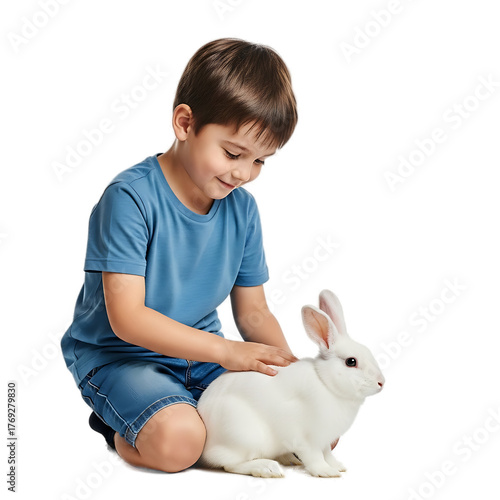 A young boy sits on the ground, gently petting a fluffy, white rabbit. The boy smiles at the bunny