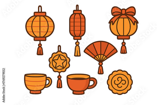 Traditional Asian festival items including lanterns, hand fan, mooncake, and teacups