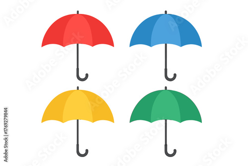 Set of four brightly colored open umbrellas in red blue yellow and green isolated on white