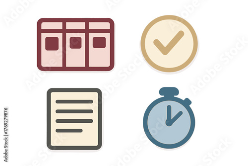 Set of four productivity and task management icons including a Kanban board, checklist, document, and stopwatch timer