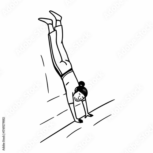 a black and white illustration depicts a woman doing a handstand against a wall, showcasing strength, balance, and body control
