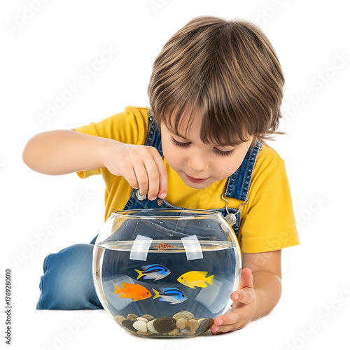 A young child with light brown hair wearing a yellow shirt and blue overalls feeds colorful fish in a glass bowl
