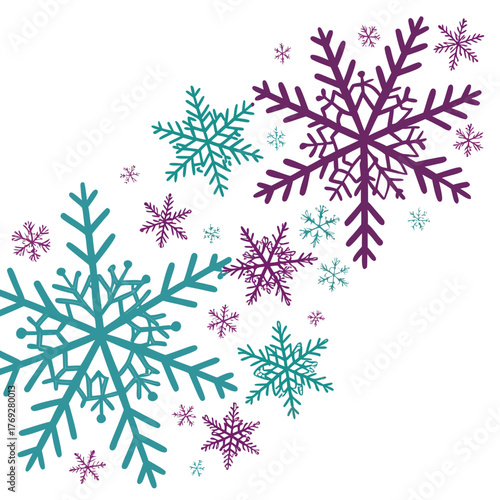 A festive arrangement of snowflakes, featuring various sizes and colors, creating a whimsical and wintry scene perfect for holiday decorations or seasonal designs