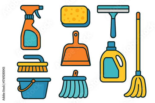 Colorful set of household cleaning tools and equipment including mop, bucket, sponge, and spray bottle