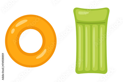 Orange inflatable swim ring and green floating air mattress pool accessories