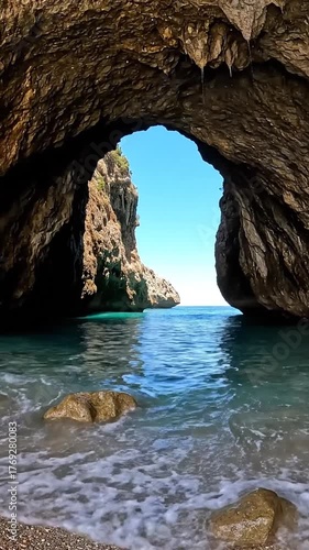 Coastal cave archway with turquoise water and sunny sky scenic view