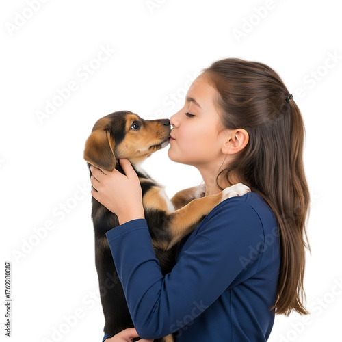 A young girl, seen from the side, affectionately kisses a small, brown, and black puppy held in her arms against a black backdrop