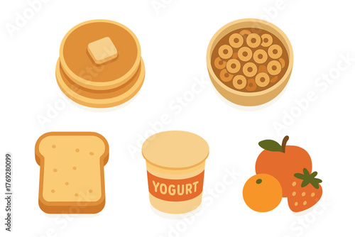 Set of popular breakfast food icons including pancakes, cereal, toast, yogurt, and fresh fruit