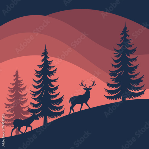 A tranquil winter scene featuring silhouetted deer and pine trees against a backdrop of rolling hills and a gradient sky, creating a sense of peacefulness and natural beauty