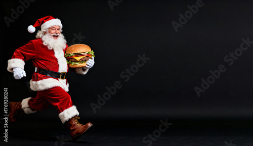 Happy Santa Claus running with a giant burger. Christmas delivery concept, black background, text space