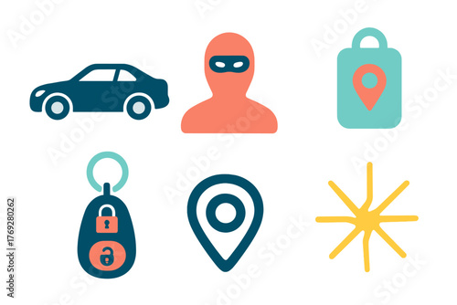 Security, location, and transportation symbols featuring car, thief, key fob, and map pins