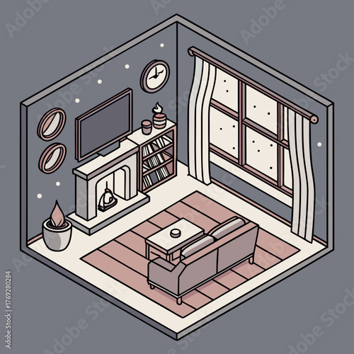 An isometric living room scene with a fireplace, television, sofa, and a window showing a snowy night, creating a modern and minimalist atmosphere