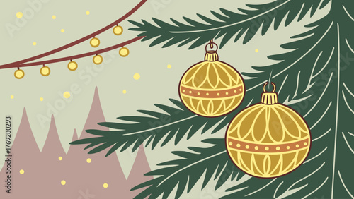 An illustration depicts two golden christmas ornaments hanging from a pine tree branch, with a string of lights and snowy mountains in the background, creating a festive holiday scene