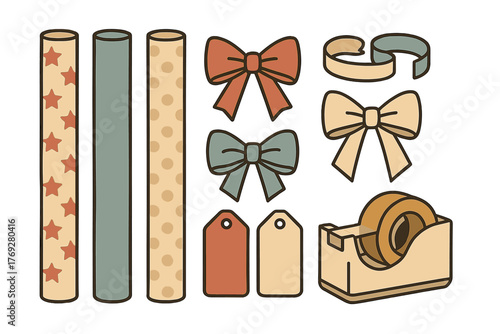 Essential items for wrapping presents including patterned paper, colorful bows, and adhesive tape