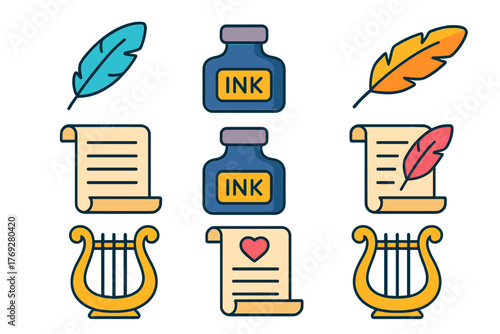 Flat design set of literary and poetry symbols featuring quills, ink, scrolls, and lyres