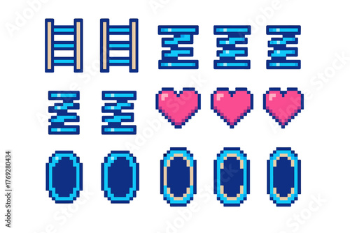 Pixelated game elements including ladders, springs, hearts, and animated portals